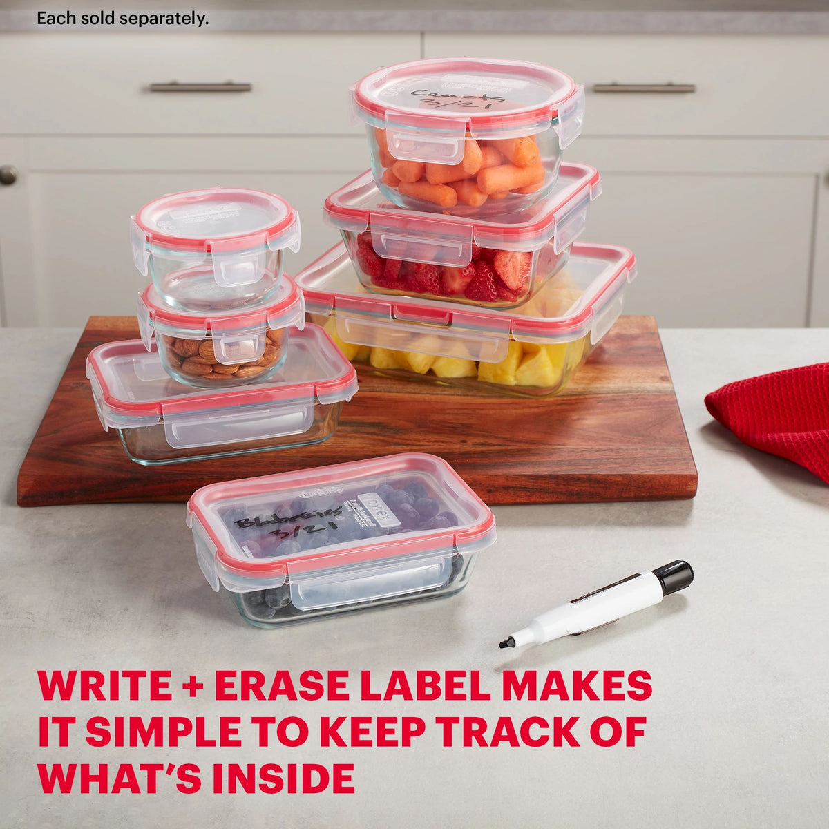 Freshlock 4-cup Glass Storage displayed with various sized containers, text write & erase label makes it simple to keep track