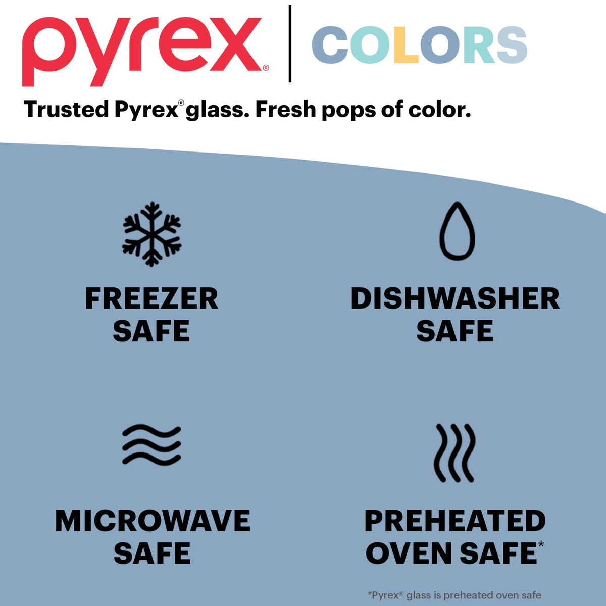 text Pyrex Colors trusted Pyrex Glass fresh pops of color, freezer dishwasher microwave and preheated oven safe