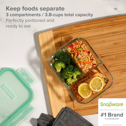 text: Snapware #1 Brand in Locking. Lids keep foods separate, 3 compartments with 3.8-cup capacity. Perfectly portioned and ready to eat