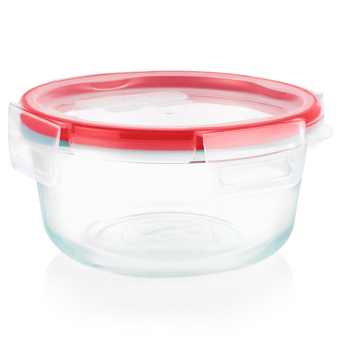 Clear glass food container with a red lid on a white background
