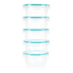 Set of five clear glass containers with teal lids on a white background