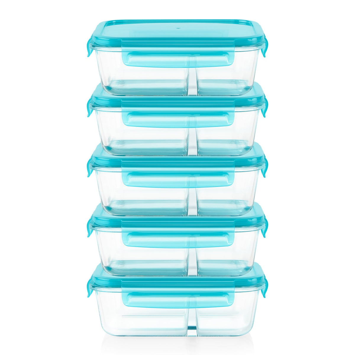 A stack of five clear plastic food storage containers with bright turquoise blue lids and handles, set against a plain white background.