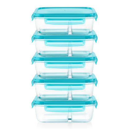 A stack of five clear plastic food storage containers with bright turquoise blue lids and handles, set against a plain white background.