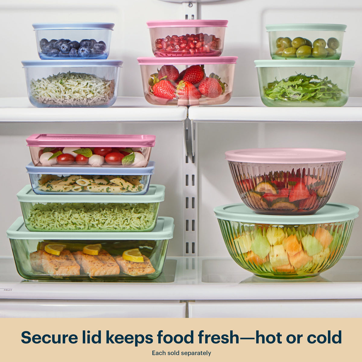 Open fridge with stacked containers and lids