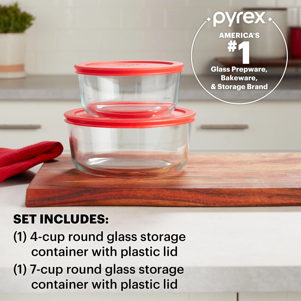 Simply Store® 4-piece Round Glass Storage Set with text americas #1 glass prepware, bakeware storage brand set inc. 1-4cup/7-cup