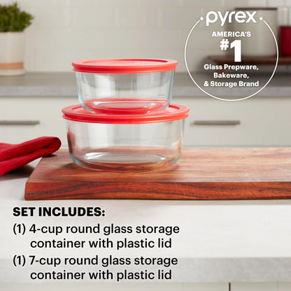 Simply Store® 4-piece Round Glass Storage Set with text americas #1 glass prepware, bakeware storage brand set inc. 1-4cup/7-cup