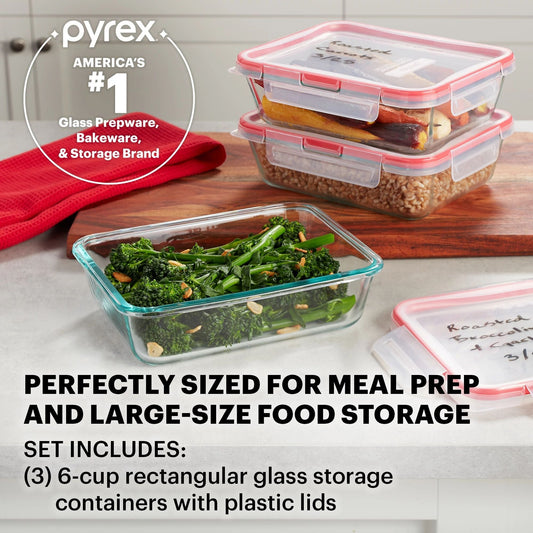 FreshLock 6-piece Glass Storage Set on counter with text perfectly sized for meal prep &amp; large-size food storage