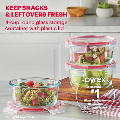 Freshlock 4-cup Round Glass Storage (displays three 4cup containers) with text keeps snacks &amp; leftovers fresh