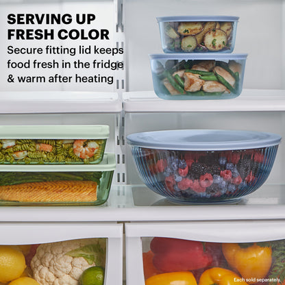 Sculpted Tinted Blue 4.5-qt Mixing Bowl with text serving up fresh color secure fitting lids keep food fresh