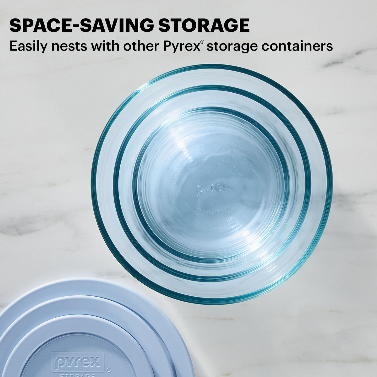 Simply Store Pyrex Colors Blue Storage with text easily nest with other Pyrex storage containers