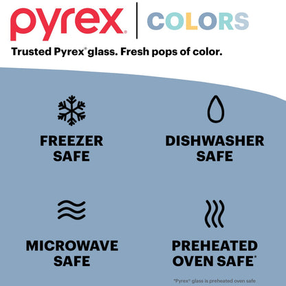 add text Pyrex Colors trusted Pyrex glass - fresh pops of color freezer, dishwasher, microwave & preheated oven safe
