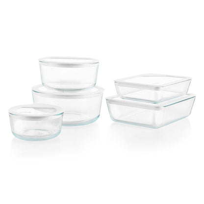 Pyrex 10‑piece glass food storage set on a white background.