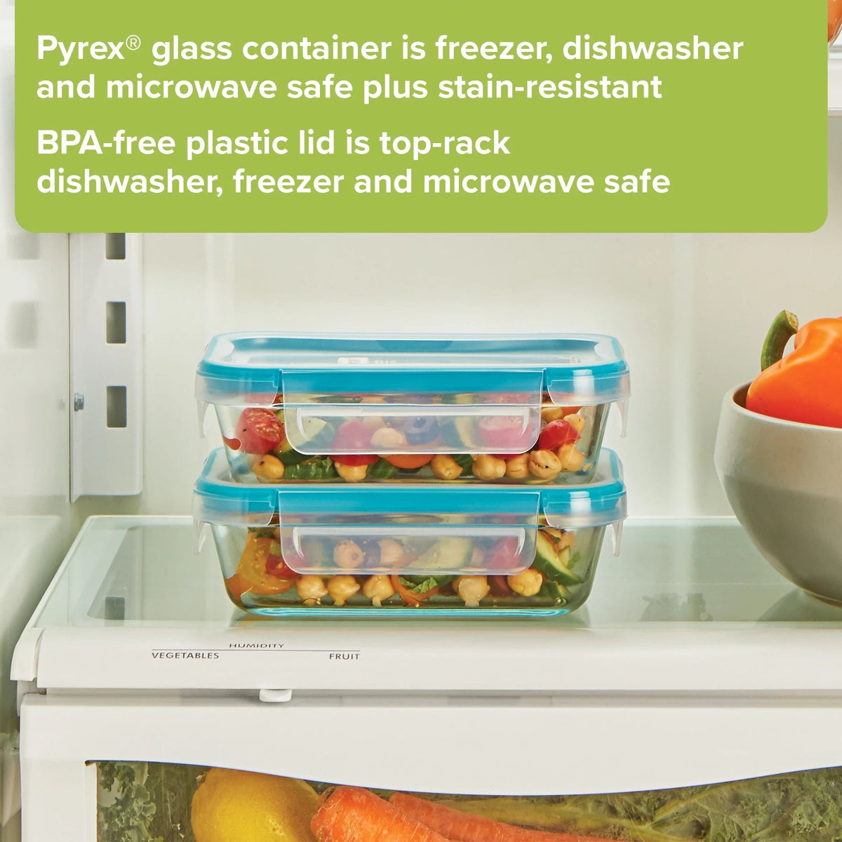 text Pyrex glass container is freezer, dishwasher & microwave safe, BPA plastic lids top rack dishwasher