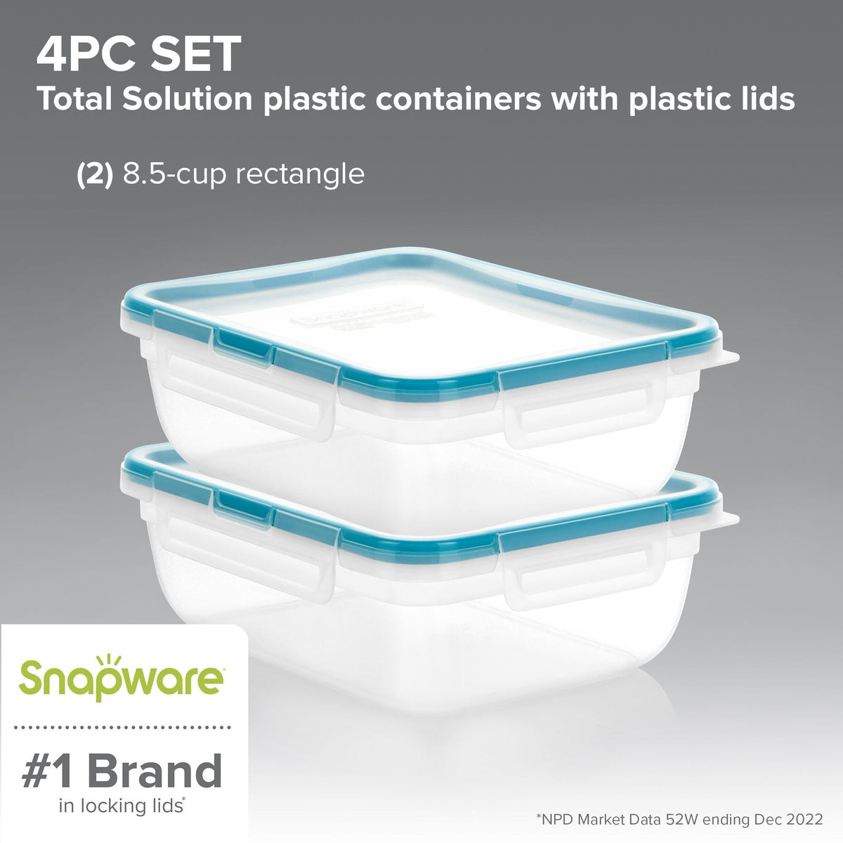 Two Snapware plastic containers with blue lids on a gray background