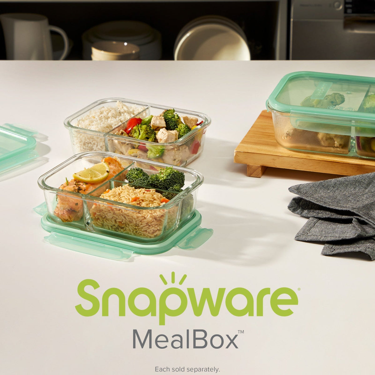 Snapware 5.8-cup divided dishes with food on table