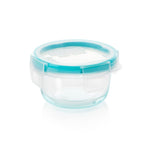Clear container with a blue lid on a white background