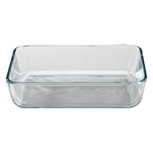 Clear glass rectangular baking dish on a white background