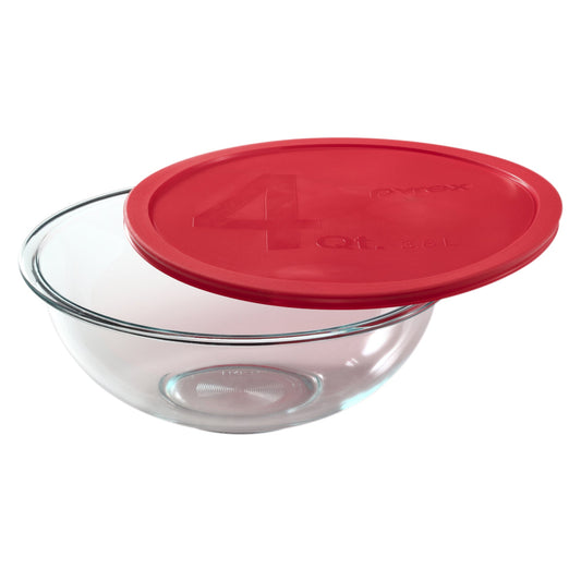 Clear glass mixing bowl with a red lid displaying '4 Qt.' on a white background